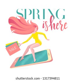 Lettering Spring is here on card with girl on smartphone in a hurry to sale with shopping bags. Discount banner for advertising. Modern flat vector illustration with textures in on white background
