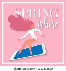 Lettering Spring is here on card with girl on smartphone in a hurry to sale with shopping bags. Discount banner for advertising. Square flat vector illustration in on pink background with board