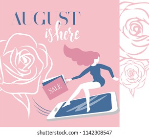 Lettering spring is here. Pink girl on smartphone in a hurry to sale with shopping bags Vector discount banner with roses for advertising