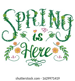 Lettering: Spring is here. Vector illustration, template design for posters, flyers, vouchers, cards.