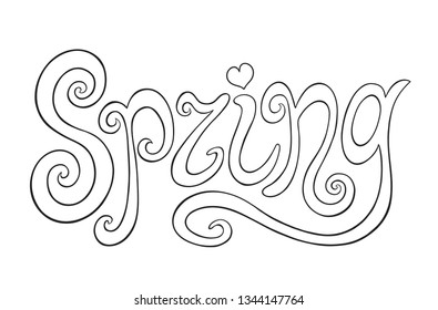 Lettering spring isolated on white background. Coloring page with handmade curly font. Vector typographic word