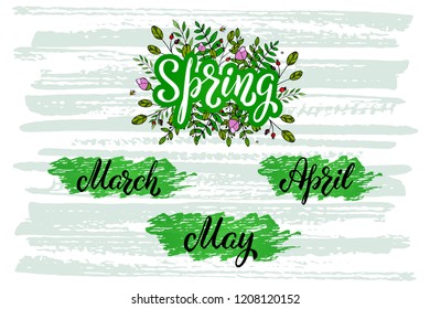 Lettering spring months. Spring months quote for calendar, monthly logo, bullet journal or monthly organizer. Ink brush lettering for spring invitation card.