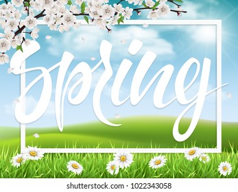 Lettering spring on landscape background. Blooming cherry branch and white frame. Springtime vector greeting card.