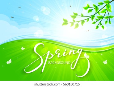 Lettering Spring on nature background with butterflies, birds and sunlight, illustration.