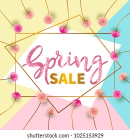 Lettering Spring Sale banner template with small flowers on colorful geometric background. Vector illustration