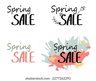 Lettering, spring sale. A handwritten set of isolated vector inscriptions. Stylized phrases, templates for postcards, banners.