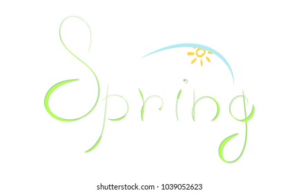 Lettering Spring. Vector banner or poster with hand drawn sun in the blue sky and green leaf letters. Minimalistic flat style without effects. Template illustration for holiday greeting card web app. 