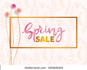 Lettering Spring Welcome.Sale banner template with small flowers and seamless background with leaves. Vector illustration