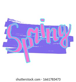 Lettering Spring. Word spring isolated on a white background. Color hand-drawn inscription. Calligraphy letters with the name of the season. Ink brush spring lettering. Vector stock illustration