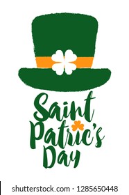 Lettering for St. Patric’s day with green top hat silhouette, vector illustration