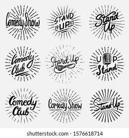  Lettering Stand Up set. Calligraphic text comedy show. Engraved hand drawn in old vintage sketch for poster, web badges, labels, emblem or logo. Isolated on white background. Vector illustration. 
