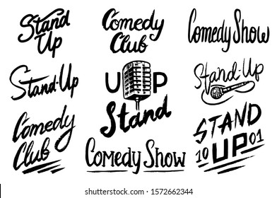  Lettering Stand Up. Calligraphic text comedy show. Engraved hand drawn in old vintage sketch for poster, web badges, labels, emblem or logo. Isolated on white background. Vector illustration. 