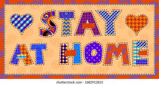 Lettering Stay at home in patchwork style. Vector image