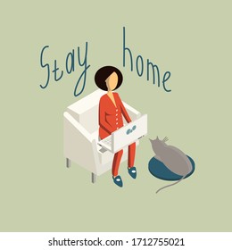 Lettering Stay at home. Work at home. A woman in pajamas with short hair sits in a white chair and works at a laptop. Next to it is a grey cat on a Mat. Vector illustration. Green background. 