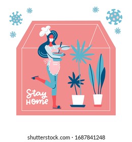Lettering stay home. Young woman with pan in hands cooking . Coronavirus pandemic self isolation, health care, protection. COVID-19 outside the silhouette of house. Flat colourful vector illustration.