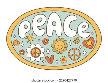 Lettering sticker retro 70s hippies. Psychedelic groove elements. Funny illustrations with word peace in flat style. Positive and peace symbols in vintage style. Vector