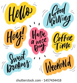 Lettering sticker set. Modern calligraphy words for print, decor.
