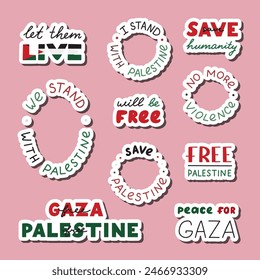 Conjunto de stickers de letras We Stand with Palestine. Guardar Lista para imprimir de lindos stickers con frases escritas a mano Déjenlos vivir,