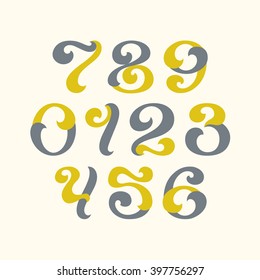 Lettering style arabic numerals. Set of figures, numbers with swirl decorative elements. 