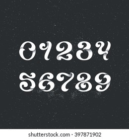 Lettering style arabic numerals. Set of figures, numbers, digits with swirl decorative elements. White for dark backgrounds. 