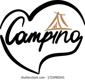 lettering style camping, handwritten with heart and brown tent, logo, decor, print, typography for climbing, for key chains, camps, recreation, tourism, travel, for summer camp flyers and posters