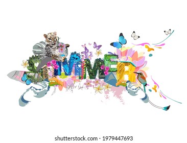 Lettering summer with animal textures with a leopard, tropical flowers and leaves. Hand drawn vector design illustration.