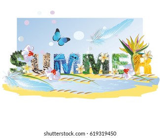 Lettering summer with animal textures with tropical flowers.