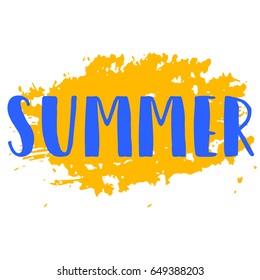 Lettering SUMMER. Blue Letters on White and orange Background. Vector Text for Greeting Card.
