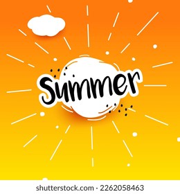 lettering Summer. Bright yellow banner with white paper sun and rays on yellow background. Summer season layout banner design. Summertime. Vector illustration.