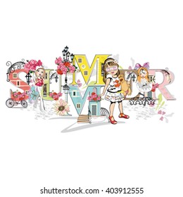 Lettering of "Summer" decorated with flowers, windows, doors, lanterns and fashion kids girls.
