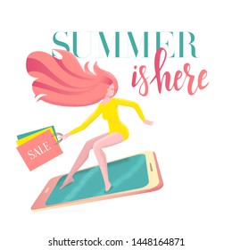 Lettering Summer is here on card with girl surfing on smartphone in a hurry to sale with shopping bags. Discount banner, advertising. Modern flat vector illustration with textures on white background.