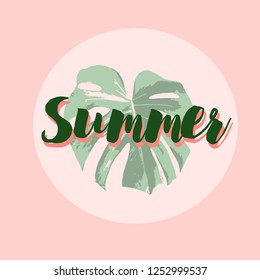 Lettering summer with leaves palm on pink background