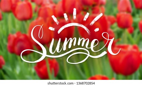 Lettering Summer on the background of a field of red tulips. Handwritten inscription, vintage script for logo, invitation, banner, poster. Custom typography. Blurred background, soft focus