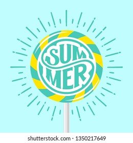 Lettering summer on a lollipop. Handwritten circular calligraphy lettering for greeting cards, posters, prints for home decorations. Vector illustration