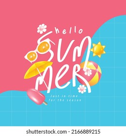 Lettering of Summer poster banner template for promotion with pool background and elements for beach party