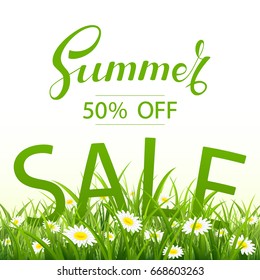 Lettering Summer Sale with grass and flowers on white background, illustration.