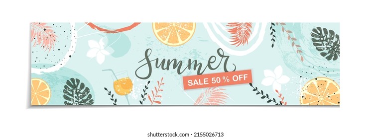 Lettering Summer Sale on abstract blue background. Summer or Spring banner with colored leaves, flowers and plants. Illustration with grunge elements is for holiday design, banners, advertising cards