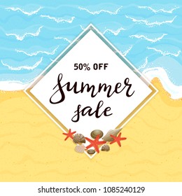 Lettering Summer Sale on white card with starfish and seashells. Sandy beach of ocean or sea, illustration.