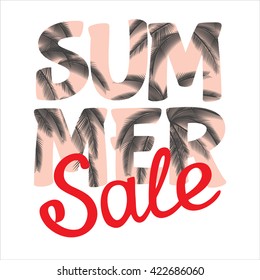 Lettering SUMMER SALE with palm's leaves on white background vector illustration