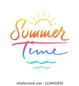 Lettering "Summer Time" with drawing sun and sea waves on a gradient background for posters, greeting cards, banners, labels, t-shirt