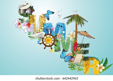 Lettering SUMMER with tropical flowers and animal textures. Beach background.