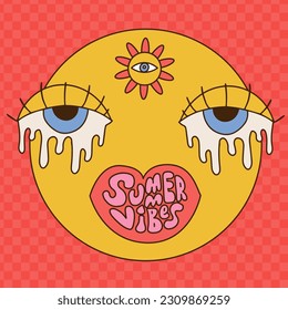 Briefe Sommervibes in Lippenform auf einem runden Emoji-Gesicht im Groovy-Stil. Positive Retro psychedelische Trippy Gesicht mit schmelzenden Augen. Die 60er, 70er, 80er, 90er Jahre sehen wie Buchstaben. Vektorgrafik