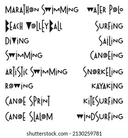 Letras de deportes acuáticos de verano en negro aislados sobre fondo blanco para decoración, afiche, diseño, pancarta, playa, resort, publicidad, centro deportivo, juegos olímpicos, tienda de deportes, competencia