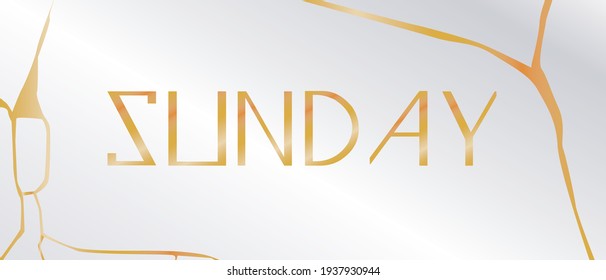Lettering Sunday, marble. Vector stock illustration. Text Sunday as weekend card. Kintsugi card with text for diary, calendar. Sunday as day of the week. Lettering illustration