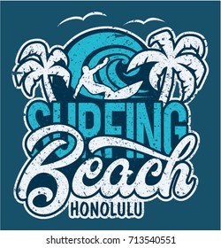 Lettering surfing beach Honolulu,  vector print for boy t shirt grunge effect in separate layer