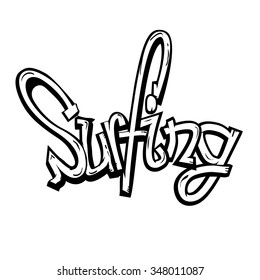 Lettering Surfing, graffiti style. Vector print isolated on white background