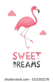 Lettering sweet dreams with pink flamingos in scandinavian style
