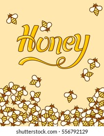 Lettering of symbols on the topic honey. A lot sweet bees the sheet paper. Outline flat style