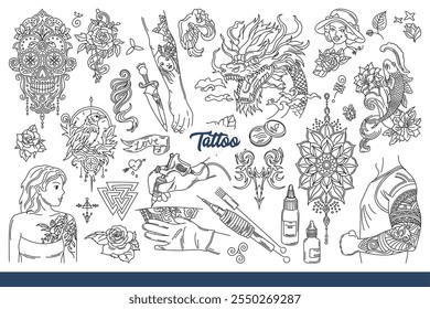 Lettering tattoo among sketches for patterns on body and needles or ink for applying design. Tattoo pictures in form of mask and flower or dagger with asian dragon and japanese fish. Hand drawn.