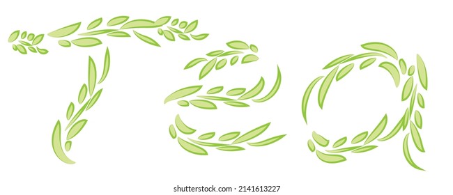 Lettering tea from green leaves on a white background, decorative letters. The word is suitable for the design of advertising, packaging, tea shop, logo, drinks menu